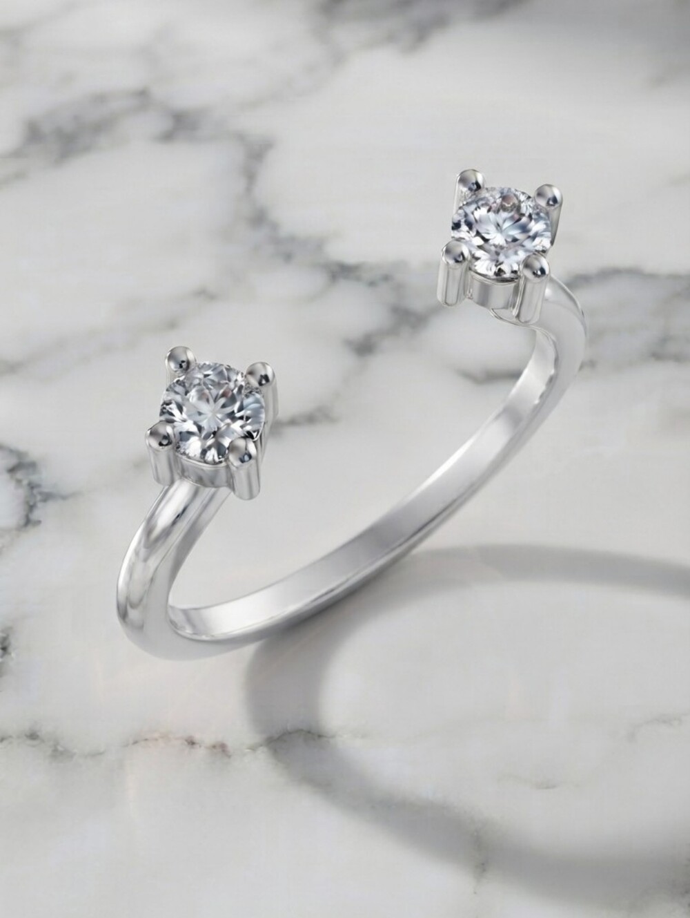 Two-Stone Stackable Diamond Open Ring Solid 14K White Gold Round Cut 0.23 TCW